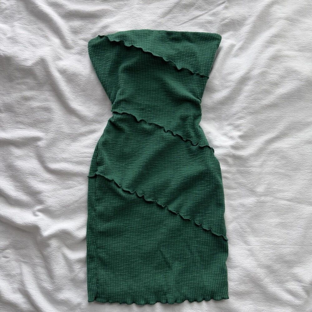 Princess Polly Green Ribbed Knit Strapless Bodycon Knee Dress Ruffle Zip US 2